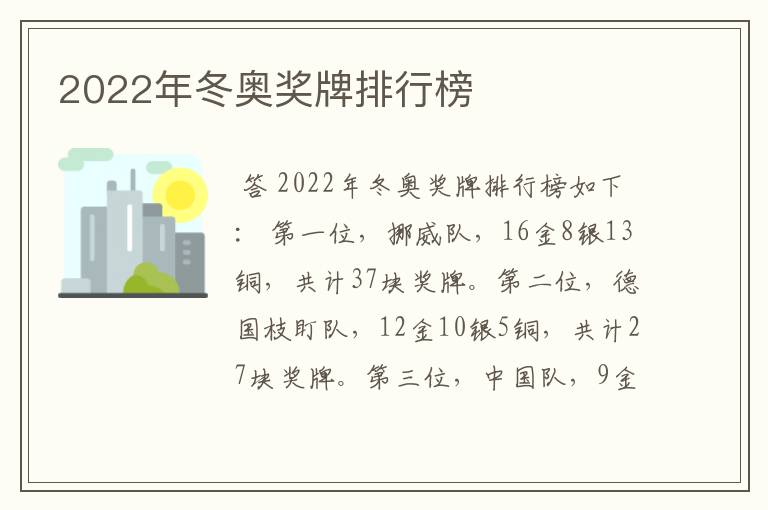 2022年冬奥奖牌排行榜