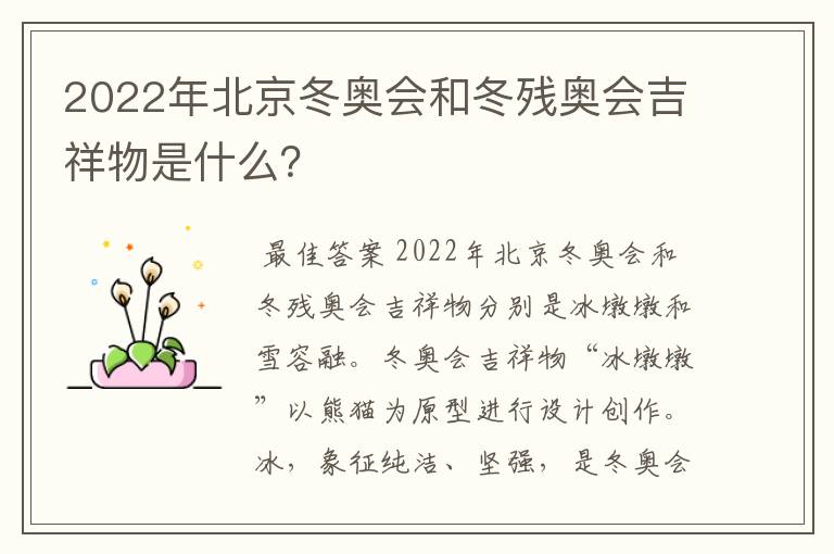 2022年北京冬奥会和冬残奥会吉祥物是什么？