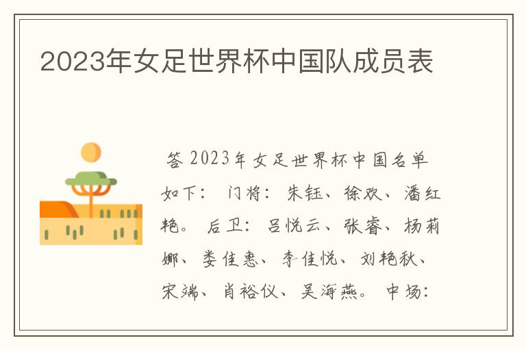 2023年女足世界杯中国队成员表