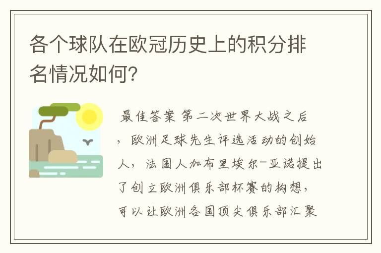 各个球队在欧冠历史上的积分排名情况如何？