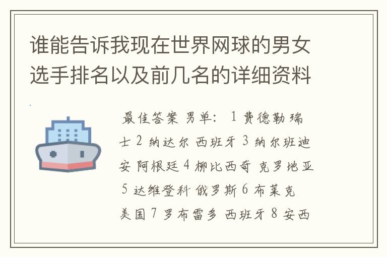 谁能告诉我现在世界网球的男女选手排名以及前几名的详细资料 都有哪些重要赛事