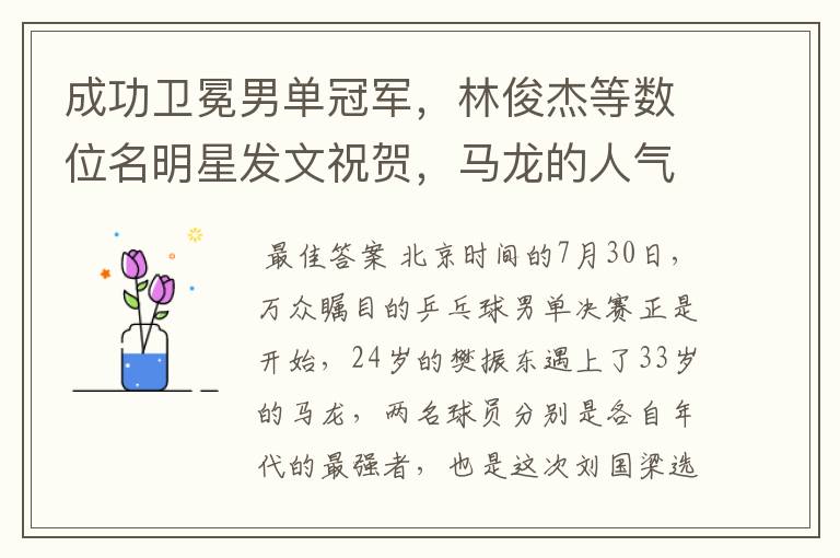 成功卫冕男单冠军，林俊杰等数位名明星发文祝贺，马龙的人气为何这么高？