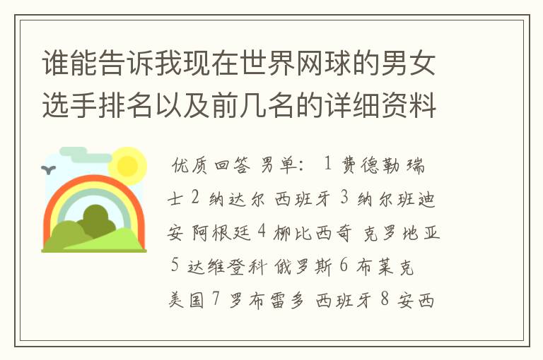 谁能告诉我现在世界网球的男女选手排名以及前几名的详细资料 都有哪些重要赛事