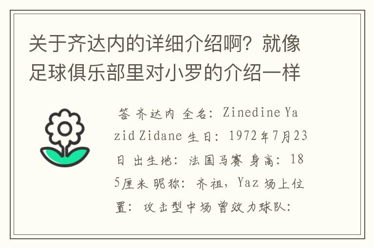 关于齐达内的详细介绍啊？就像足球俱乐部里对小罗的介绍一样，要从幼年开始的特别是他的坎坷的那一段