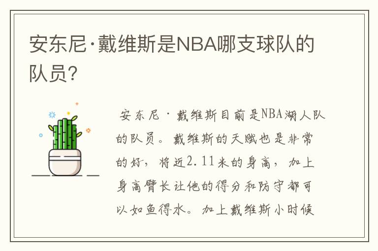 安东尼·戴维斯是NBA哪支球队的队员？