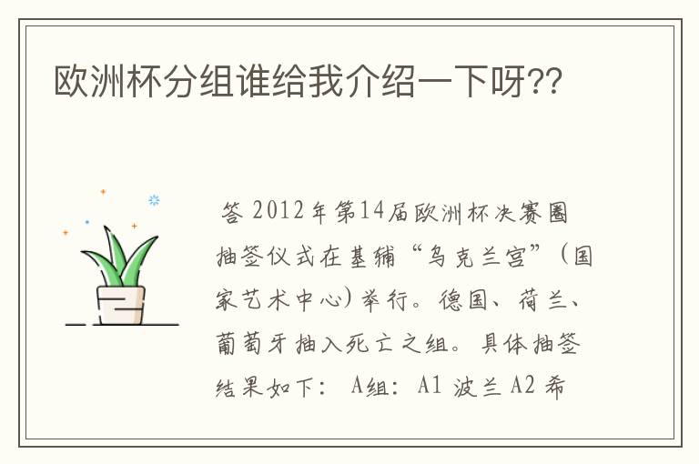 欧洲杯分组谁给我介绍一下呀?？