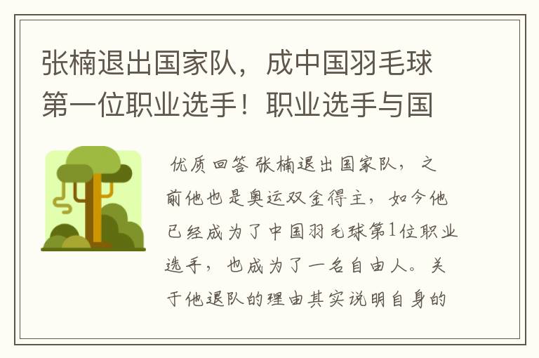 张楠退出国家队，成中国羽毛球第一位职业选手！职业选手与国家队有何不同？