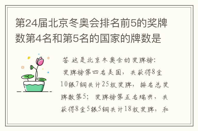 第24届北京冬奥会排名前5的奖牌数第4名和第5名的国家的牌数是多少？