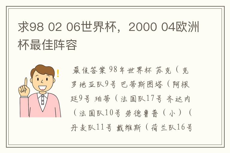 求98 02 06世界杯，2000 04欧洲杯最佳阵容