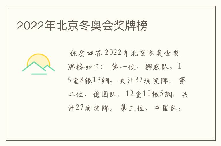 2022年北京冬奥会奖牌榜