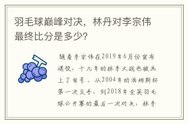 羽毛球巅峰对决，林丹对李宗伟最终比分是多少？