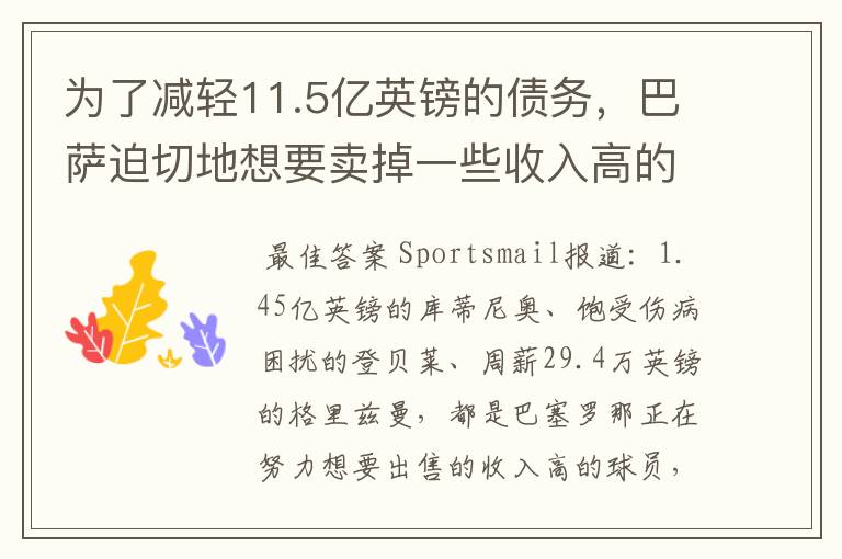 为了减轻11.5亿英镑的债务，巴萨迫切地想要卖掉一些收入高的球员