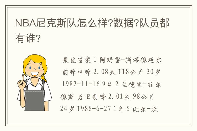 NBA尼克斯队怎么样?数据?队员都有谁?