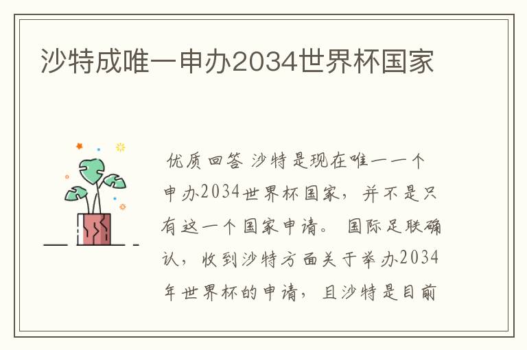 沙特成唯一申办2034世界杯国家