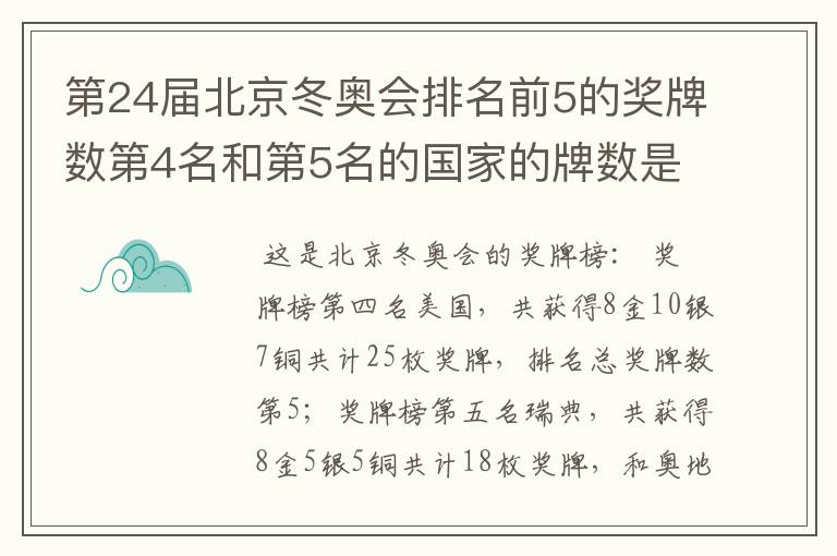 第24届北京冬奥会排名前5的奖牌数第4名和第5名的国家的牌数是多少？