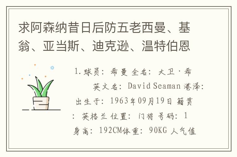 求阿森纳昔日后防五老西曼、基翁、亚当斯、迪克逊、温特伯恩的详细资料!