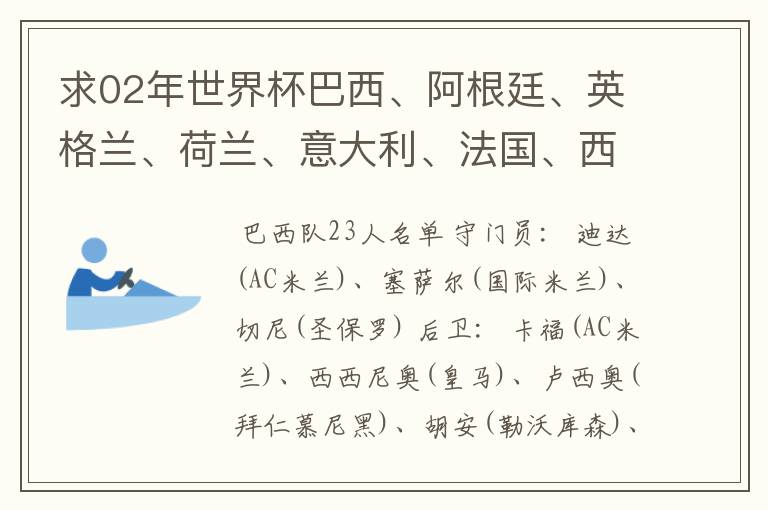 求02年世界杯巴西、阿根廷、英格兰、荷兰、意大利、法国、西班牙的全部阵容