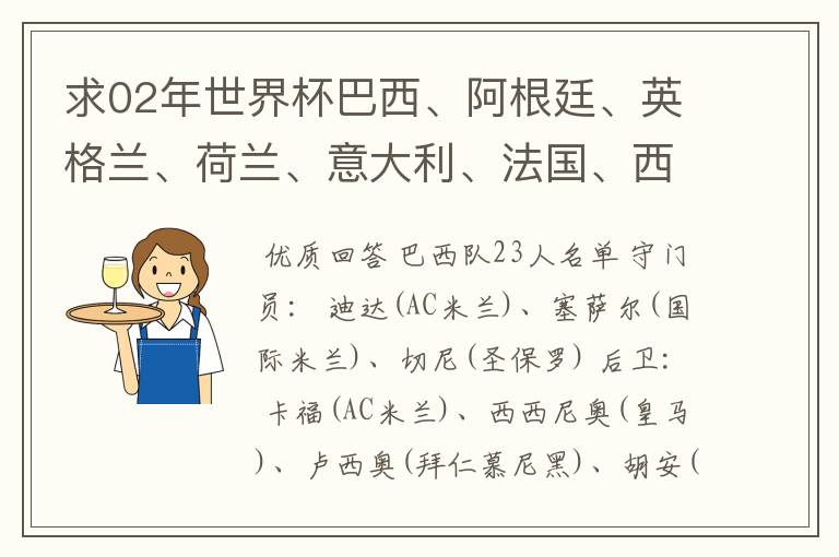 求02年世界杯巴西、阿根廷、英格兰、荷兰、意大利、法国、西班牙的全部阵容