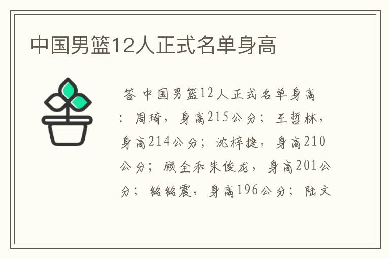 中国男篮12人正式名单身高