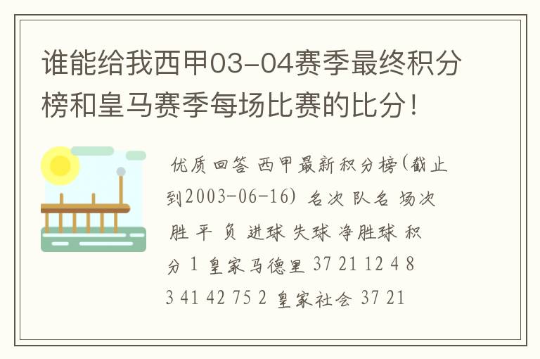 谁能给我西甲03-04赛季最终积分榜和皇马赛季每场比赛的比分！