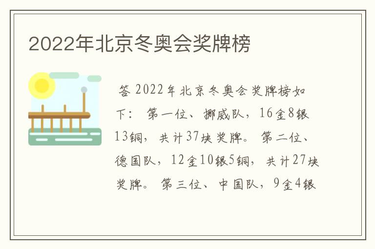 2022年北京冬奥会奖牌榜