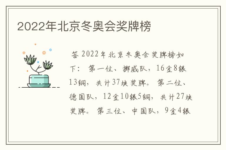 2022年北京冬奥会奖牌榜