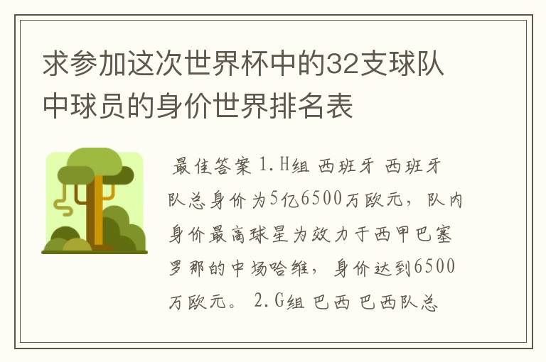 求参加这次世界杯中的32支球队中球员的身价世界排名表