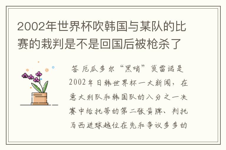 2002年世界杯吹韩国与某队的比赛的栽判是不是回国后被枪杀了？