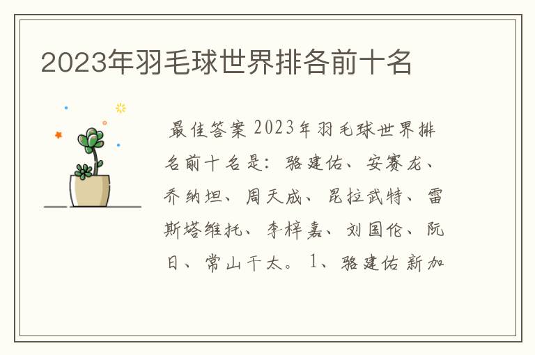 2023年羽毛球世界排各前十名