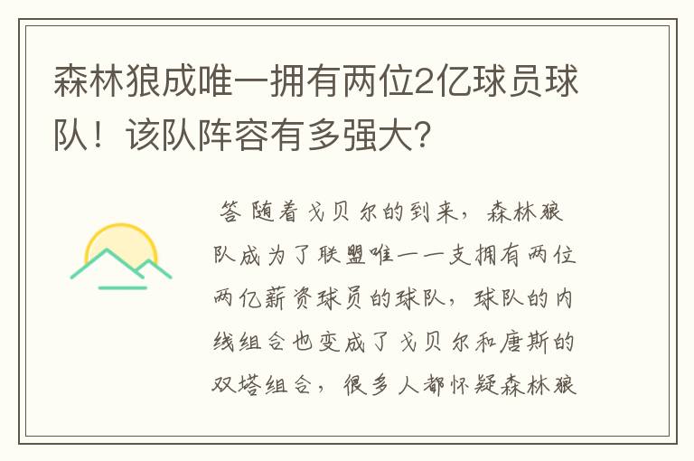 森林狼成唯一拥有两位2亿球员球队！该队阵容有多强大？