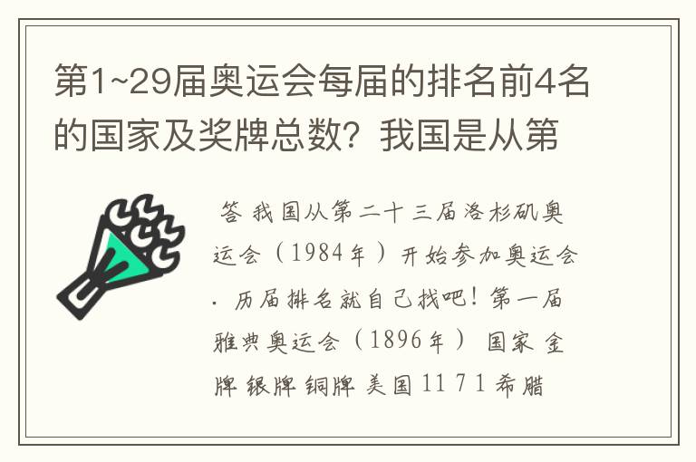 第1~29届奥运会每届的排名前4名的国家及奖牌总数？我国是从第几届开始参加奥运会的？我国每届的排名？