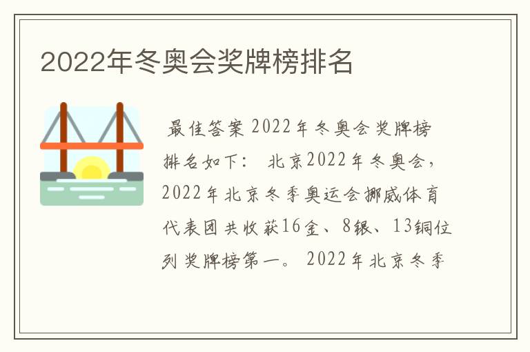 2022年冬奥会奖牌榜排名