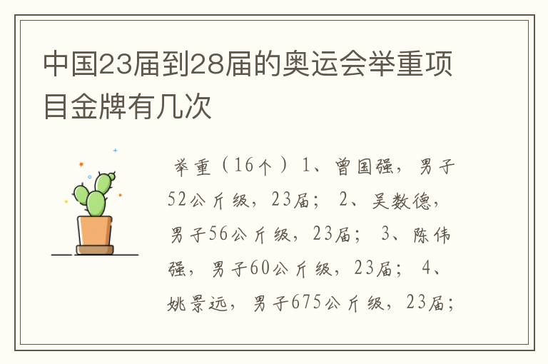 中国23届到28届的奥运会举重项目金牌有几次