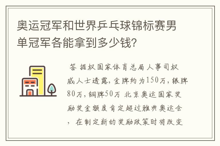 奥运冠军和世界乒乓球锦标赛男单冠军各能拿到多少钱？