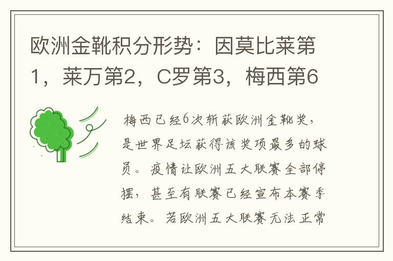 欧洲金靴积分形势：因莫比莱第1，莱万第2，C罗第3，梅西第6