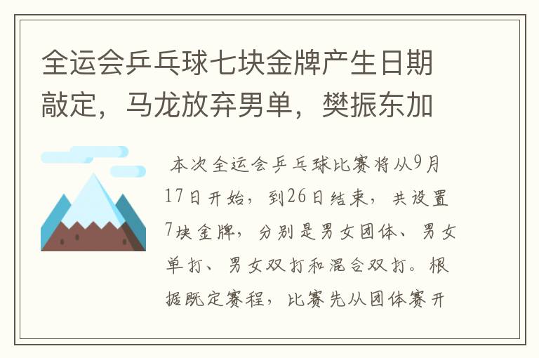 全运会乒乓球七块金牌产生日期敲定，马龙放弃男单，樊振东加冕？