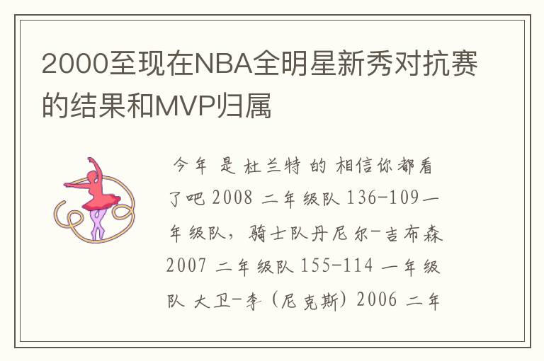 2000至现在NBA全明星新秀对抗赛的结果和MVP归属