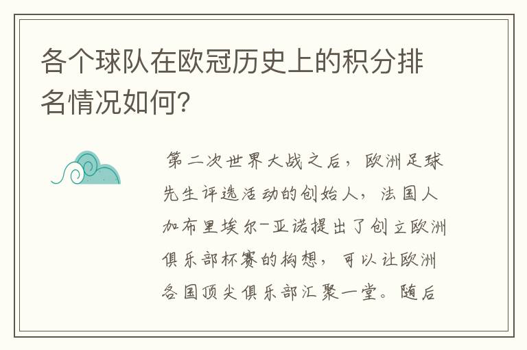 各个球队在欧冠历史上的积分排名情况如何？