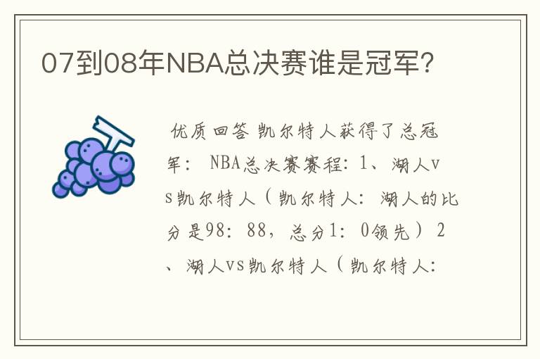 07到08年NBA总决赛谁是冠军？