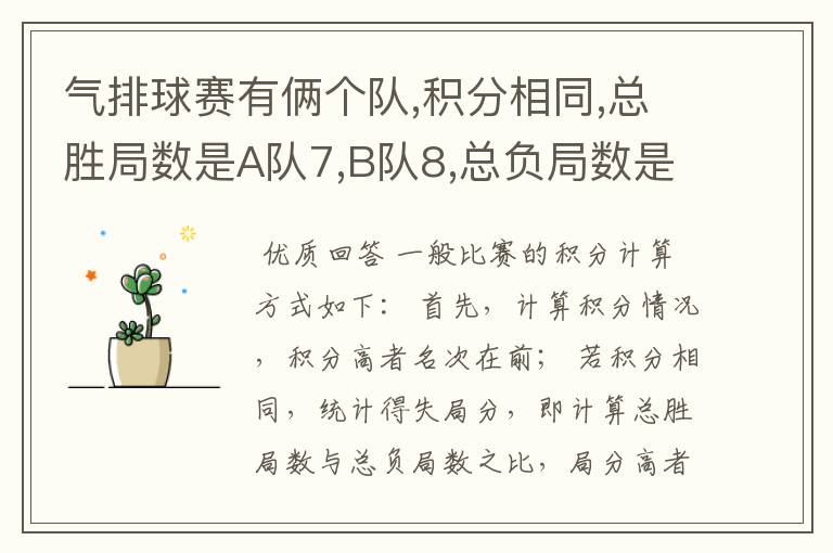 气排球赛有俩个队,积分相同,总胜局数是A队7,B队8,总负局数是A 队4,B队5,但A 队负于B队,如何计算名次。急