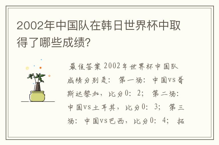 2002年中国队在韩日世界杯中取得了哪些成绩？