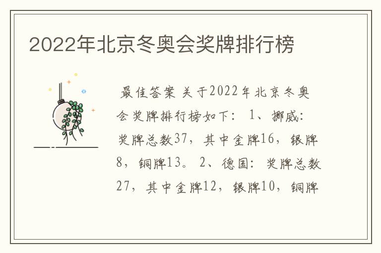 2022年北京冬奥会奖牌排行榜