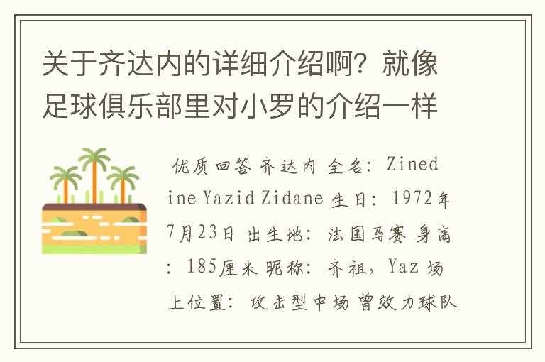 关于齐达内的详细介绍啊？就像足球俱乐部里对小罗的介绍一样，要从幼年开始的特别是他的坎坷的那一段