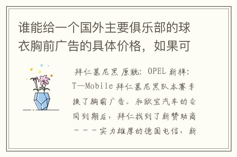 谁能给一个国外主要俱乐部的球衣胸前广告的具体价格，如果可以，把中超的也带上，让咱比较一下，成不