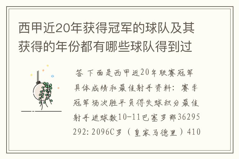 西甲近20年获得冠军的球队及其获得的年份都有哪些球队得到过意大利