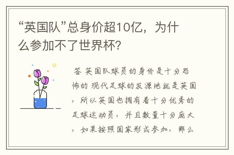 “英国队”总身价超10亿，为什么参加不了世界杯？