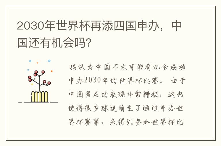 2030年世界杯再添四国申办，中国还有机会吗？