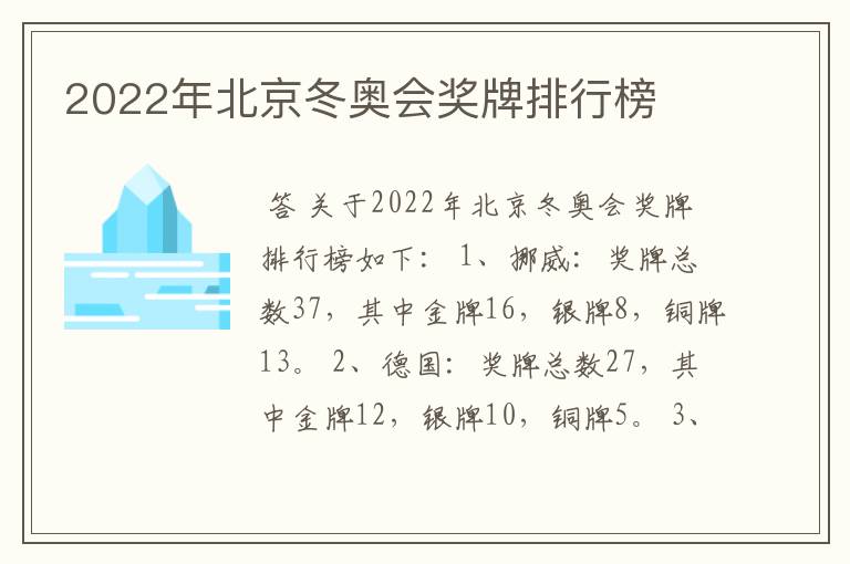 2022年北京冬奥会奖牌排行榜