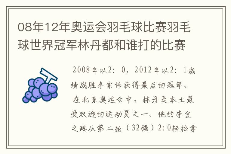 08年12年奥运会羽毛球比赛羽毛球世界冠军林丹都和谁打的比赛,最后得了多少分？