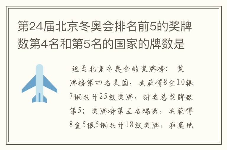 第24届北京冬奥会排名前5的奖牌数第4名和第5名的国家的牌数是多少？